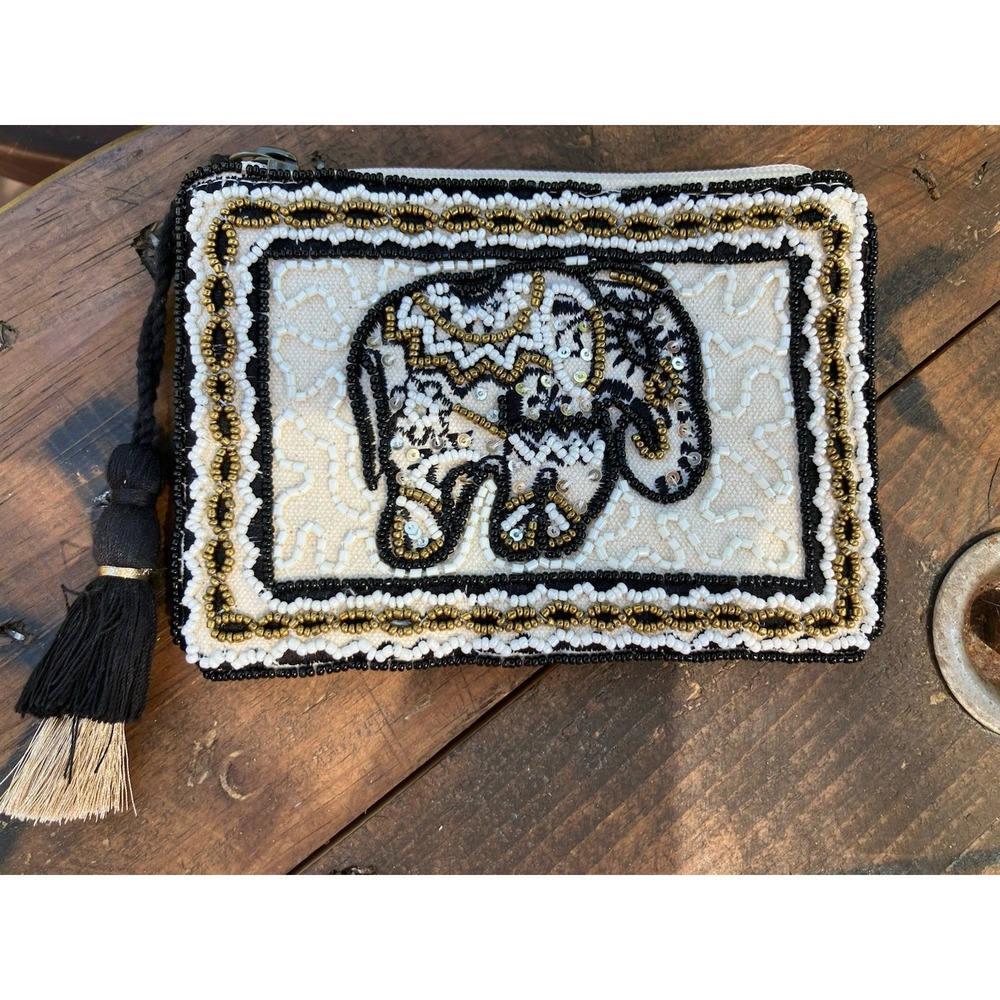 World Market Beaded Zip Coin Purse Pouch Tassel Black White Gold Made in India